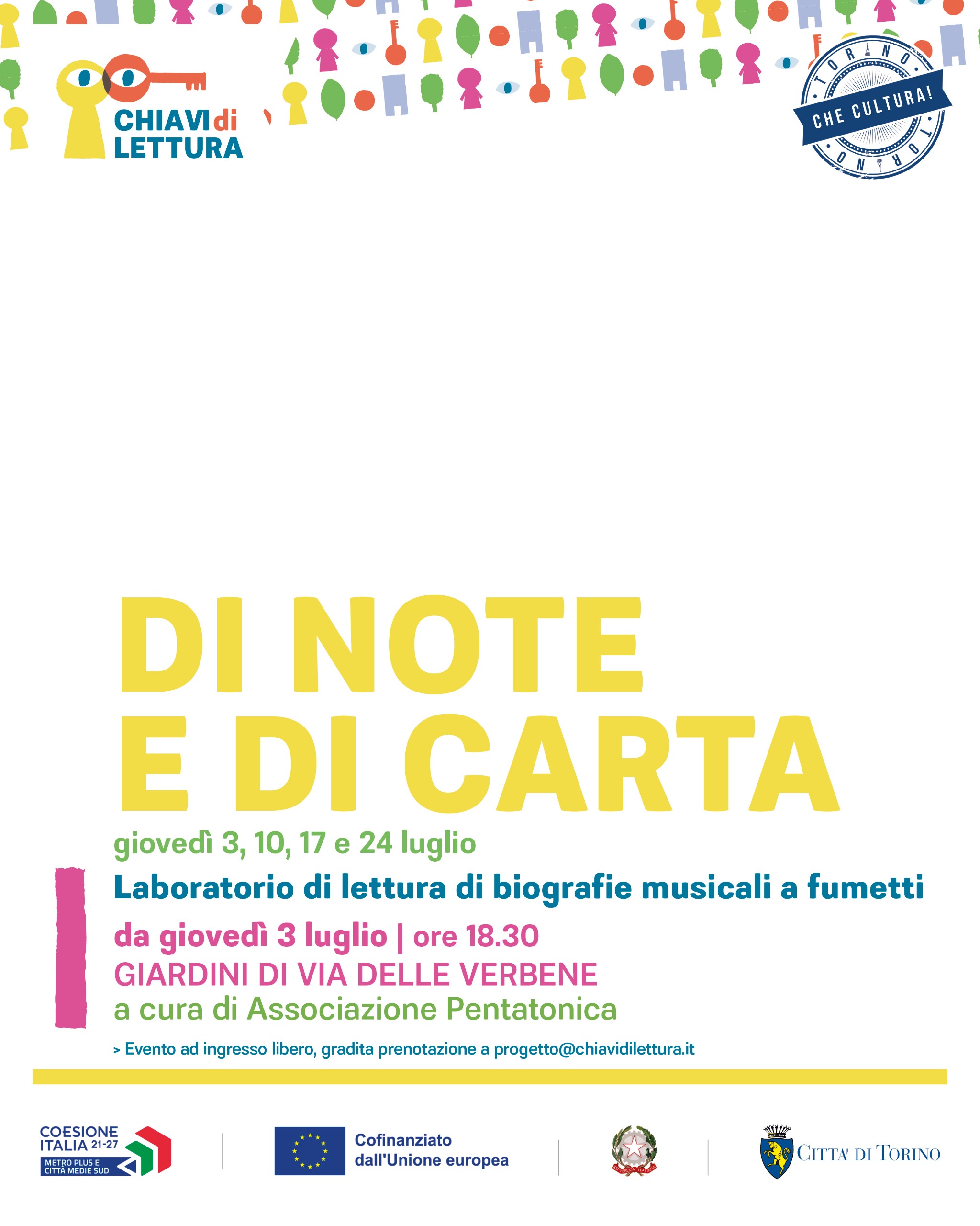 Di note e di carta | 3 luglio – 10 luglio – 17 luglio – 24 luglio | Giardini di Via delle Verbene | Associazione Pentatonica